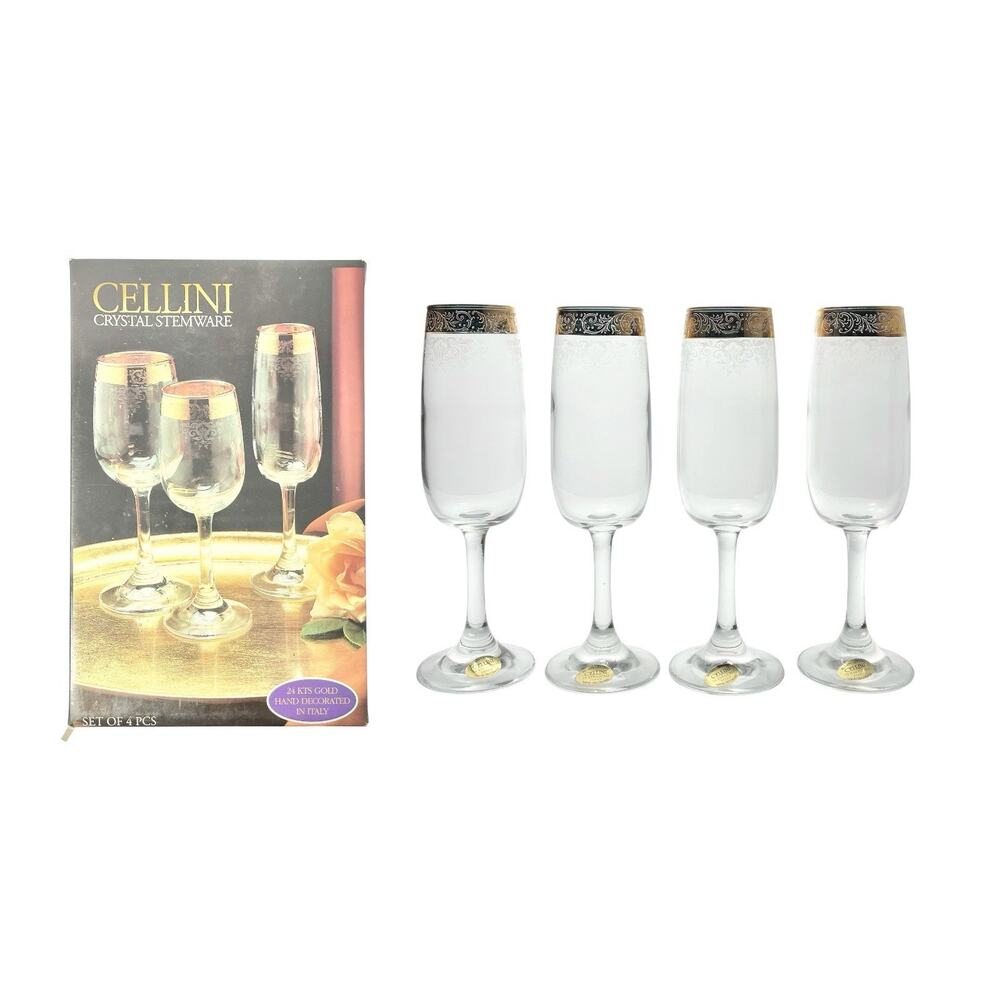 Cellini Gold Crystal Set of 4 Fluted Champagne Glasses 7 3/4” 6oz w/Box, Italy